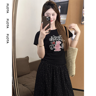 复古卡通刺绣圆领短袖 美式 T恤夏季 新款 显瘦上衣1624 修身 flota