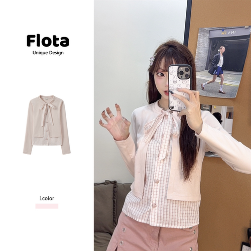 【flota】设计感假两件系带蝴蝶结格纹拼接长袖粉色正肩上衣2660