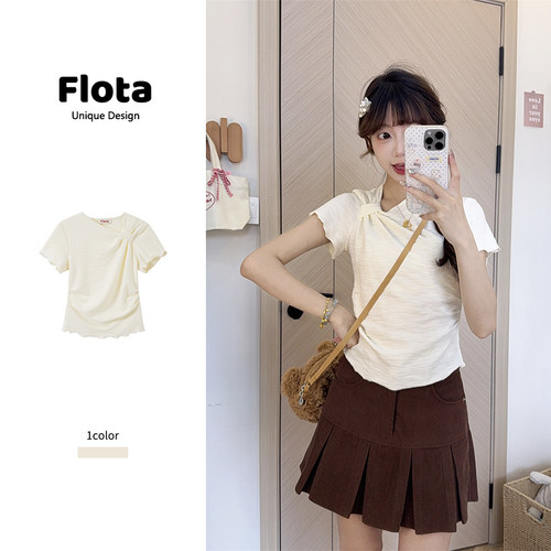【flota】纯欲风褶皱斜肩木耳边短袖T恤夏季修身显瘦短款上衣1818
