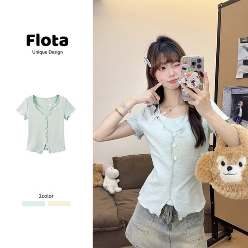 【flota】甜美蕾丝蝴蝶结假两件短袖夏季设计感绿色短款上衣2161
