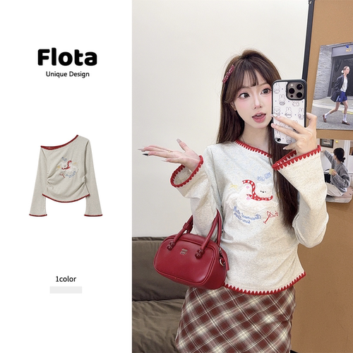 【flota】美式复古刺绣卡通斜肩长袖T恤收腰显瘦露肩短款上衣2729