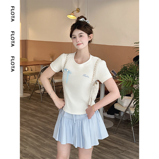 flota 显瘦短款 白色字母刺绣立体蝴蝶结短袖 修身 上衣1529 夏季