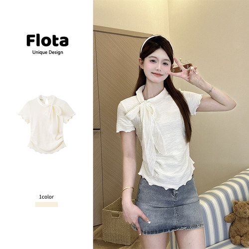 【flota】设计感网纱绑带蝴蝶结木耳边短袖夏季修身显瘦上衣2389