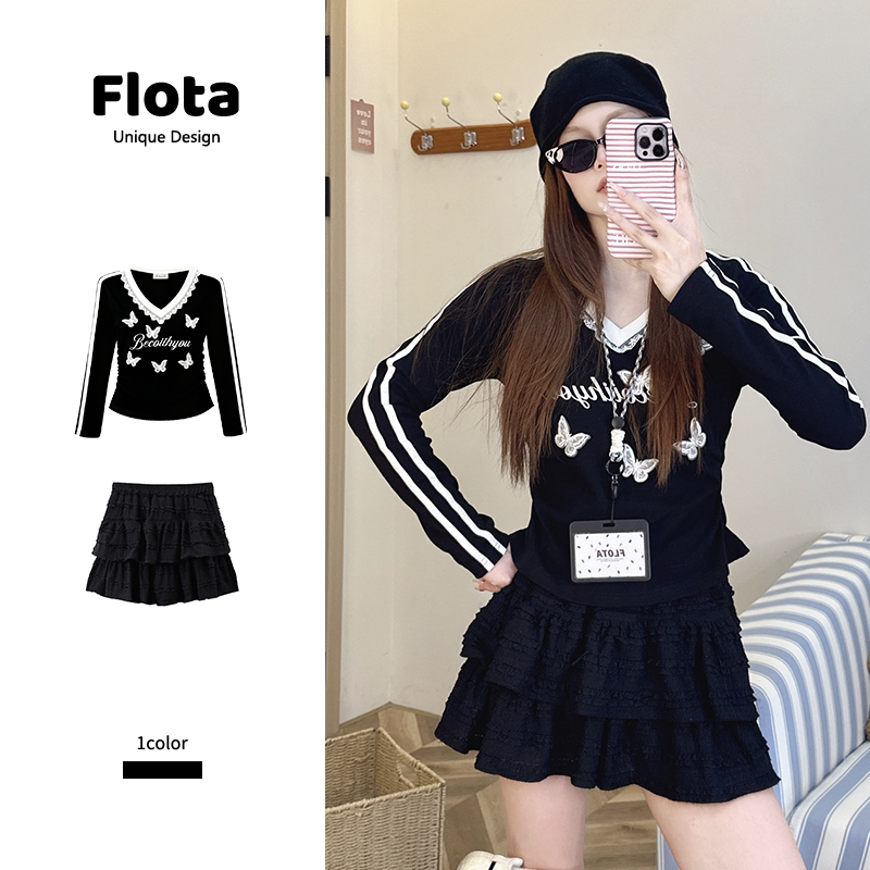 【flota】辣妹风黑色蝴蝶刺绣蕾丝拼接V领长袖T恤收腰短上衣2830