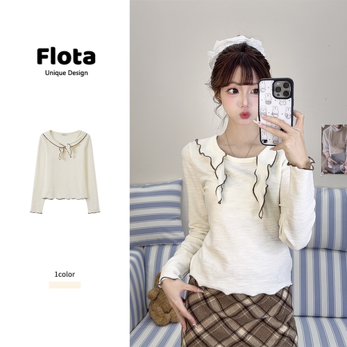 【flota】甜美风木耳边系带正肩长袖T恤秋季修身显瘦打底上衣2623
