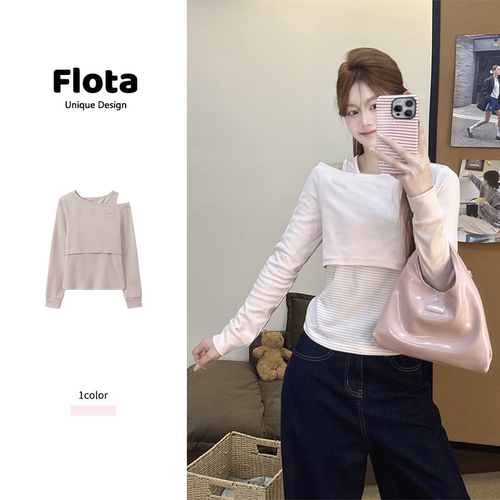 【flota】假两件粉色条纹斜肩长袖打底秋季显瘦百搭短款上衣2760