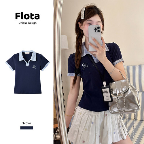 【flota】设计感格纹拼接polo领字母刺绣夏季修身藏青色上衣1412