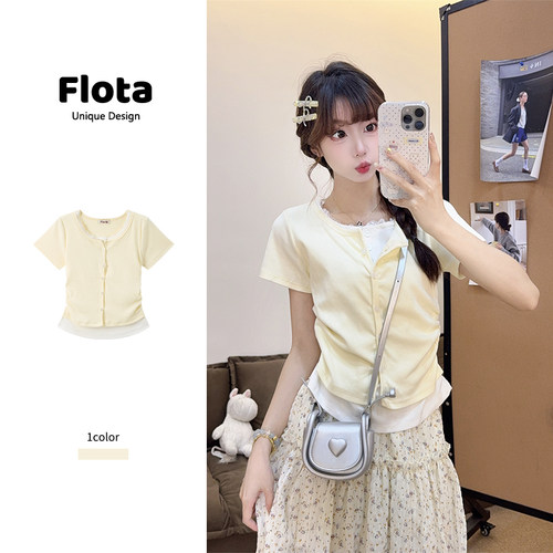 【flota】纯欲风假两件蕾丝拼接短袖夏季显瘦正肩短款T恤上衣1371
