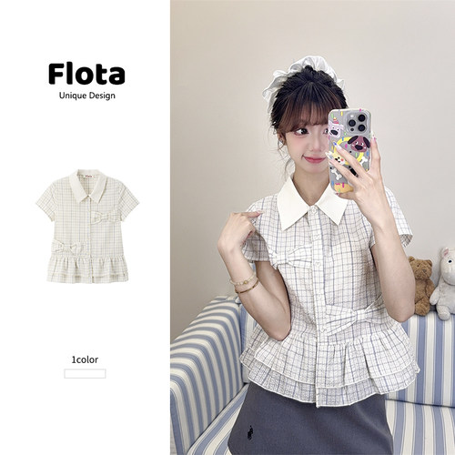 【flota】格纹蝴蝶结荷叶边Polo领短袖衬衫夏季小清新上衣女1604