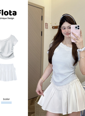 【flota】纯欲风蓝色蕾丝斜肩绑带短袖夏季收腰显瘦短款上衣2328