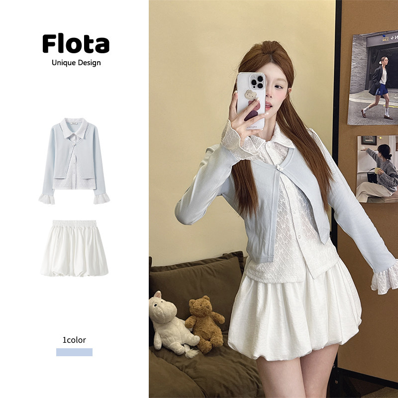 【flota】蓝色假两件蕾丝拼接Polo领长袖设计感喇叭袖上衣女2543
