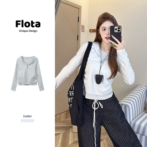 【flota】韩系休闲连帽半拉链假两件长袖条纹拼接收腰上衣女2874
