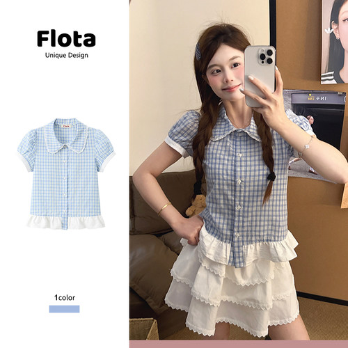 【flota】复古蓝色格纹娃娃领泡泡袖衬衫夏季花边拼接上衣女1384