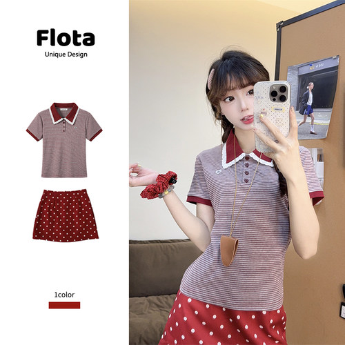 【flota】复古风红色条纹蕾丝拼接Polo领短袖女夏季显瘦上衣2390
