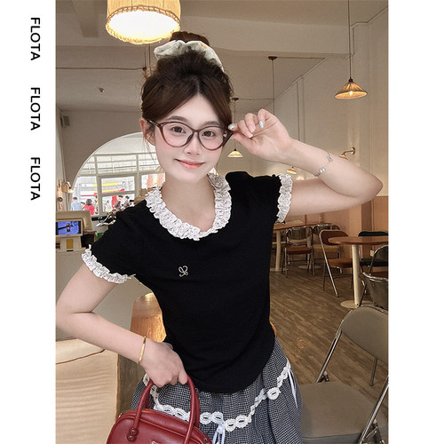 【flota】法式甜美波点木耳边拼接领口短袖夏季黑色显瘦上衣1523