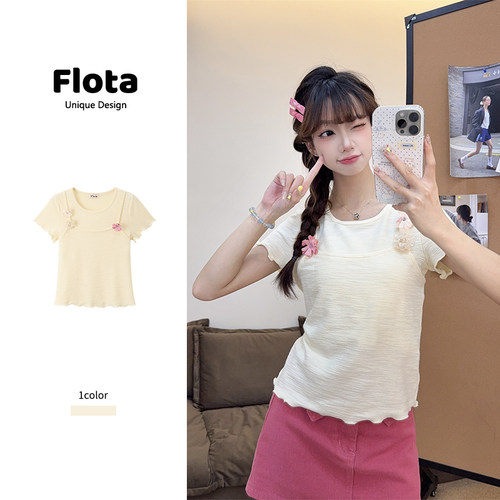 【flota】度假风立体花朵假两件短袖夏季甜美正肩显瘦短上衣1760
