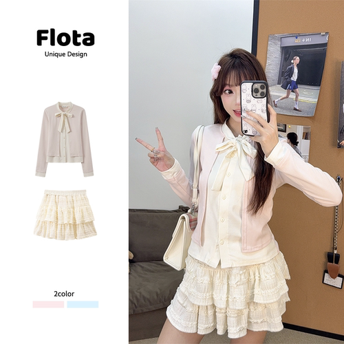 【flota】甜美少女风假两件绑带蝴蝶结长袖设计感撞色上衣女2633