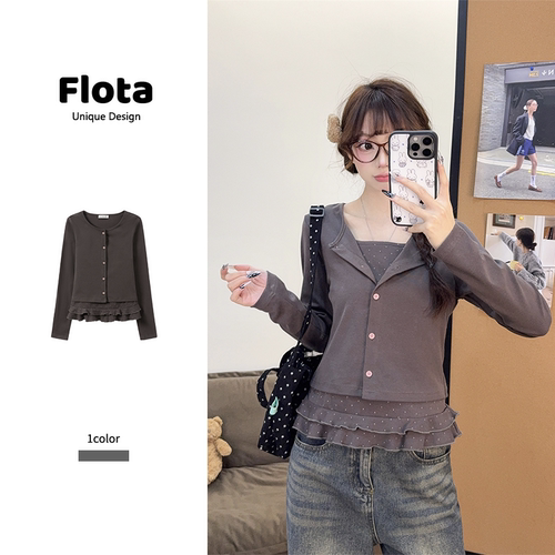 【flota】甜辣风假两件波点荷叶边长袖T恤修身显瘦设计感上衣2748