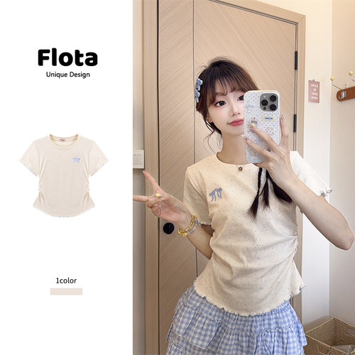 【flota】韩版彩虹灰蝴蝶结刺绣收腰短袖T恤夏季显瘦短款上衣0590