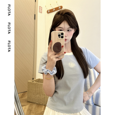 【flota】小清新蓝色花朵刺绣拼色圆领短袖夏季修身短款上衣1757