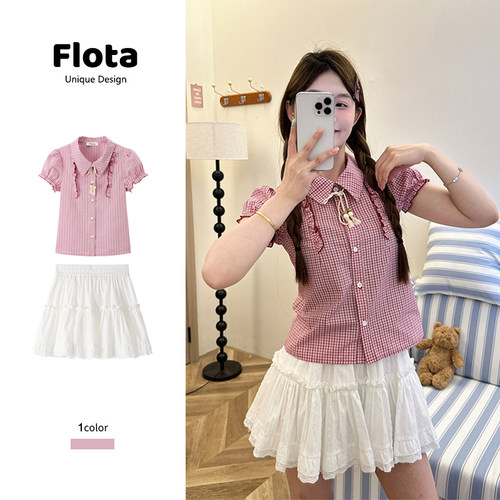 【flota】甜美学院风Polo领红色格子短袖衬衫夏季泡泡袖上衣1542