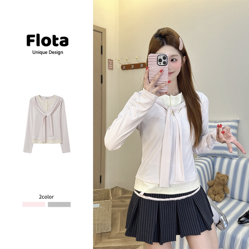 【flota】假两件绑带条纹拼接撞色长袖休闲显瘦百搭正肩上衣2641