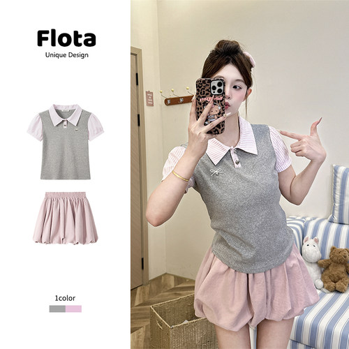 【flota】学院风假两件撞色拼接条纹Polo领短袖夏季短款上衣2259