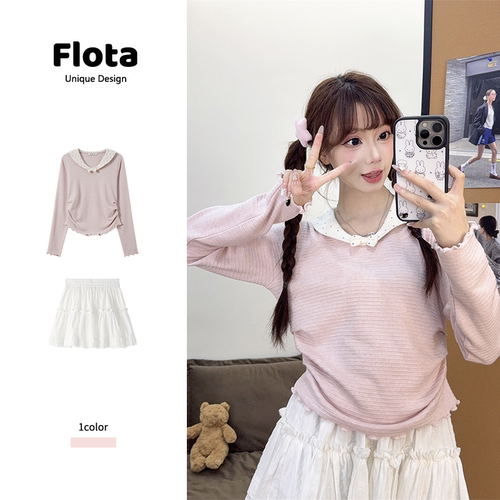 【flota】粉色甜美风波点娃娃领木耳边长袖收腰显瘦打底上衣2579