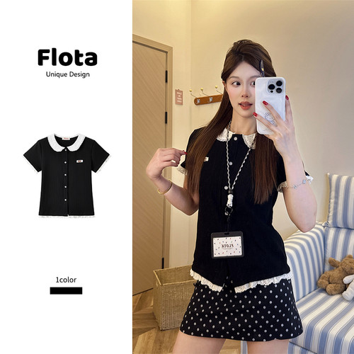 【flota】甜美波点娃娃领蕾丝拼接针织短袖夏季新款黑色上衣1328
