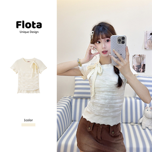 显瘦卷边短上衣2020 flota 甜美风网纱拼接绑带蝴蝶结短袖 夏季