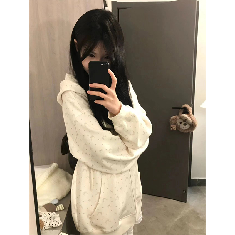 碎花连帽运动衫女春秋oversize薄款外套港味chic宽松慵懒开 衫上