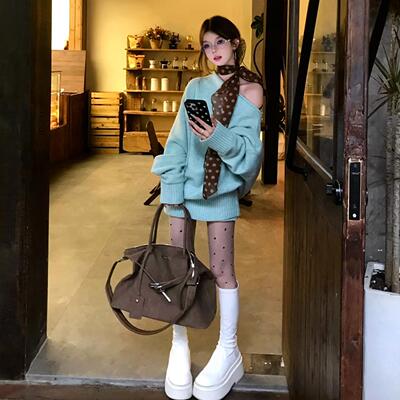针织一字肩连衣裙子女秋冬季2025新款巨好看韩系深冬穿搭一整套装