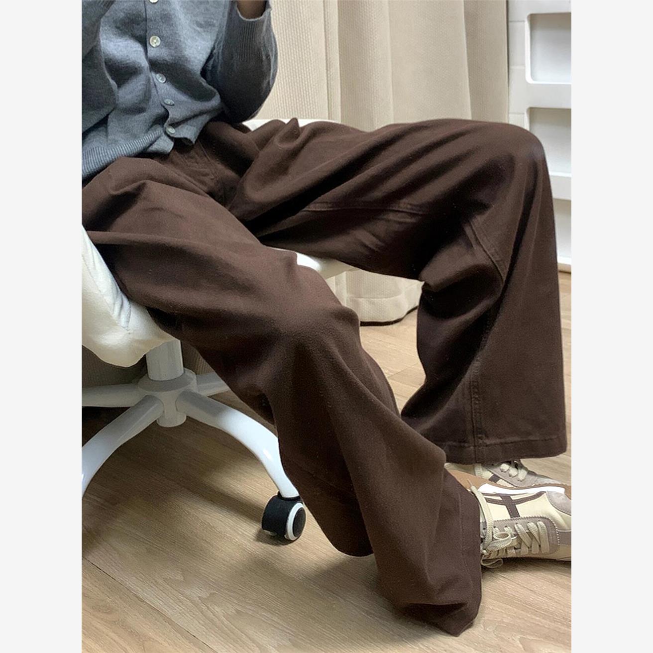 深咖色牛仔裤女秋冬加绒胖妹妹mm高腰宽松显瘦阔腿裤梨形身材裤子