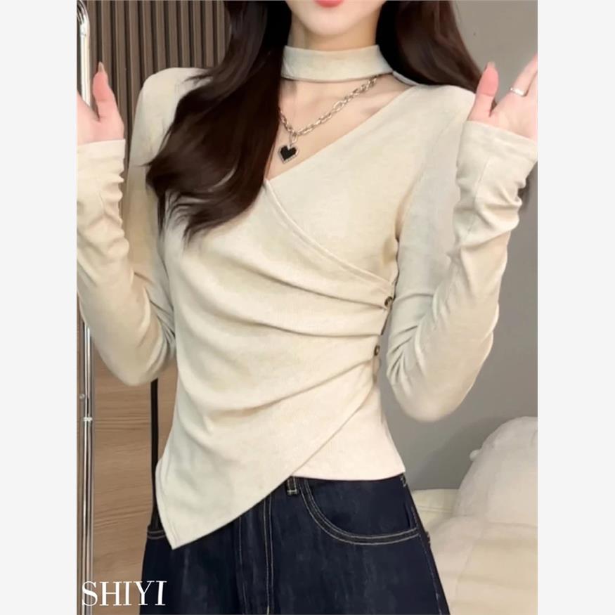 韩系不规则v领挂脖长袖t恤女秋季高级感纯欲风正肩内搭打底衫上衣