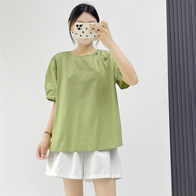 惠衣阁夏女棉质短袖衬衫套头圆领衬衫韩版宽松新国风盘扣衬衫上衣
