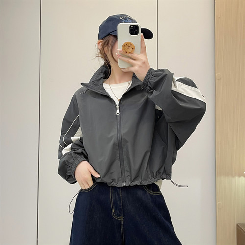 惠衣阁春季女长袖立领外套短款外套韩版复古蝙蝠袖外套夹克上衣