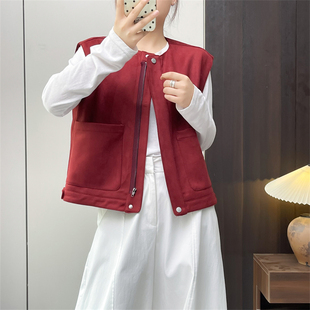 惠衣阁秋季女麂皮绒马夹无袖圆领马甲韩版休闲工装背心外套