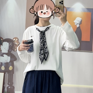 惠衣阁春季女棉质长袖t恤衫圆领打底上衣宽松休闲纯色T恤送丝巾