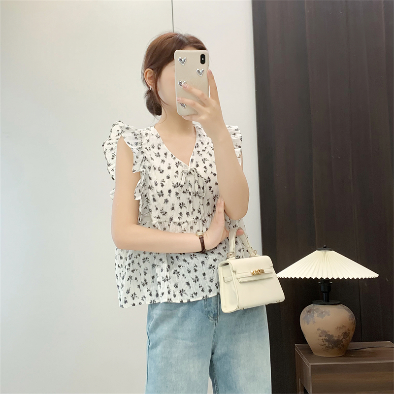 惠衣阁夏季女短袖衬衫飞飞袖衬衫韩版印花甜美衬衣a字上衣