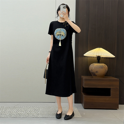 惠衣阁夏女空气棉短袖连衣裙国风贴布刺绣连衣裙新中式盘扣连衣裙