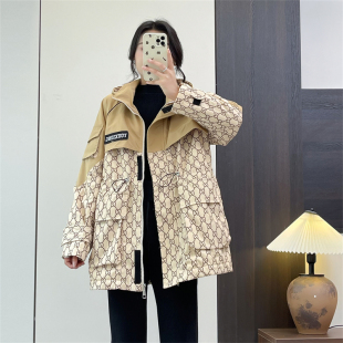 惠衣阁冬女连帽加绒外套中长款 棉服抽绳印花加绒派克服棉衣外套