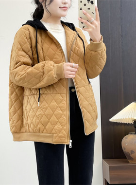 惠衣阁秋冬女连帽夹棉外套短款棉衣宽松休闲菱形压线棉服可机洗