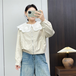 皮外套韩版 皮衣短款 休闲甜美蕾丝花边PU皮夹克 女长袖 惠衣阁秋季