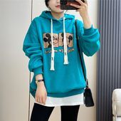 惠衣阁秋女棉质连帽卫衣中长款 卫衣韩版 宽松休闲卡通印花卫衣外套