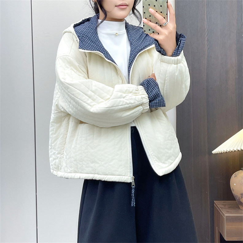 惠衣阁秋冬女长袖连帽棉服外套韩版宽松休闲纯色压线轻便薄棉服