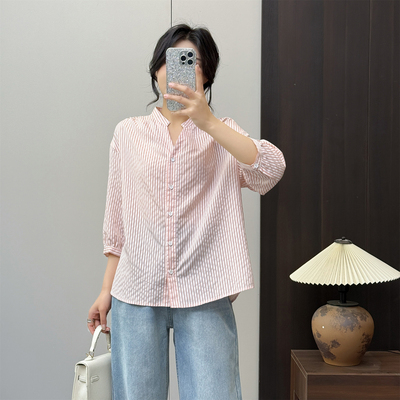 惠衣阁春夏女九分袖衬衫立领衬衫宽松休闲通勤条纹衬衫条纹衬衣