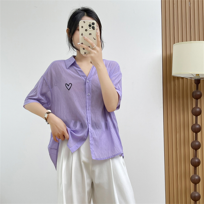 惠衣阁夏季女棉质短袖衬衫纯色衬衣韩版宽松休闲纯色薄款上衣