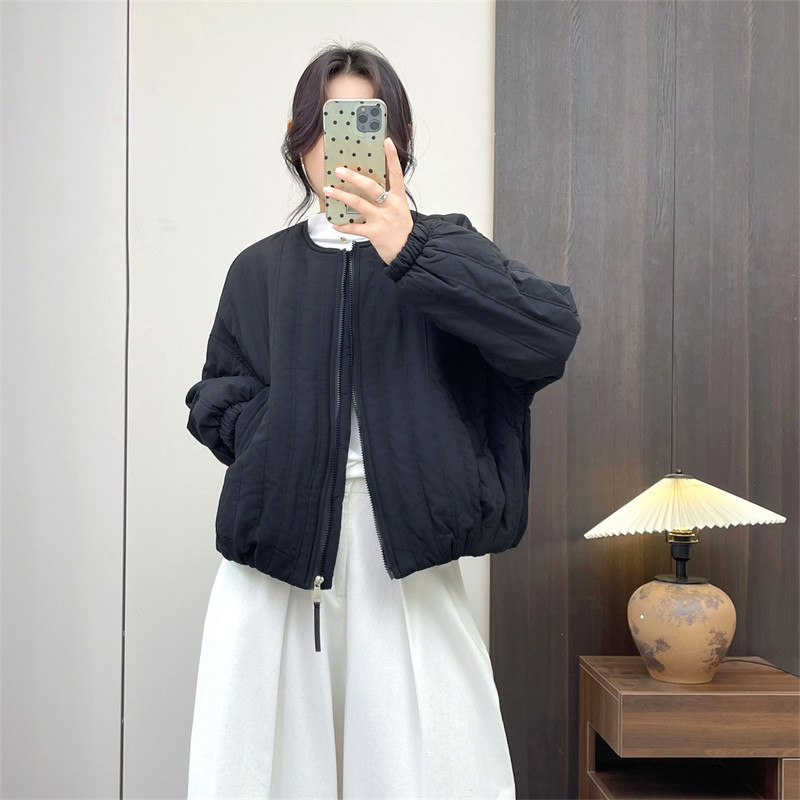 惠衣阁秋冬女圆领长袖棉衣韩版宽松休闲纯色压线棉服轻便短款外套