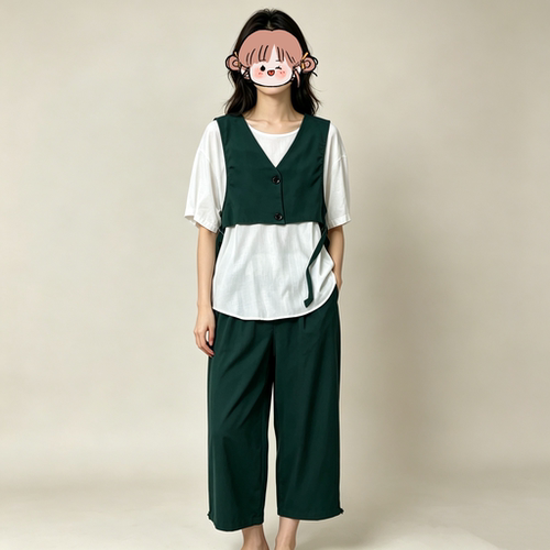 惠衣阁夏季三件套装短袖上衣短袖衬衫马甲背心宽松休闲裤阔腿裤