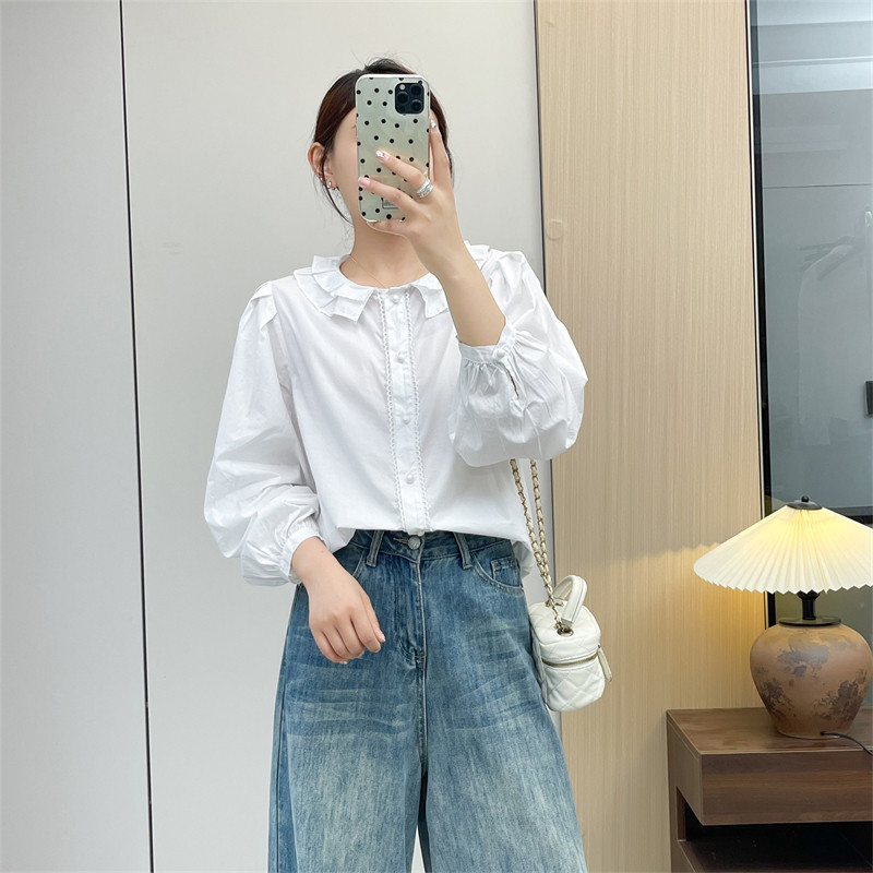 惠衣阁秋季女棉质长袖衬衫荷叶边领子衬衫韩版甜美白色衬衣上衣,女装/女士精品,衬衫,淘宝优惠券,粉丝福利购,淘宝优惠卷